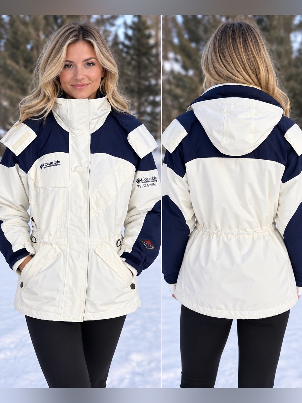 Columbia Womenโs Titanium Omni-Tech 2 Piece Winter Jacket Navy/Cream Small EUC